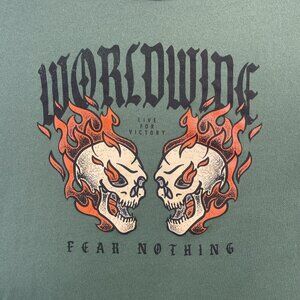 Large Green Worldwide Flaming Skull Fear Nothing T-Shirt